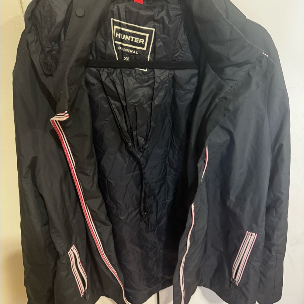 Hunter navy blue women's Raincoat with Striped Accents